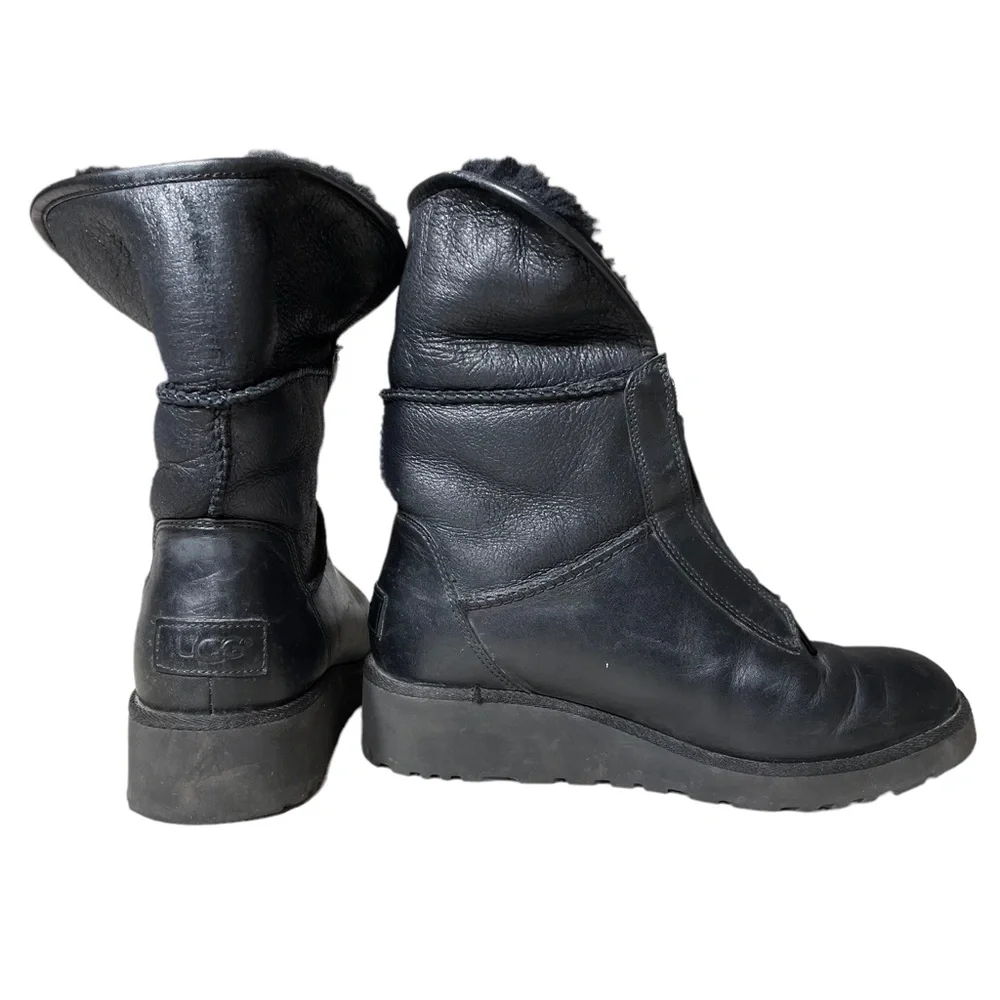UGG Leather Shearling Boots 4 Foldover F20016E Black 10124 Winter Ankle Bootie